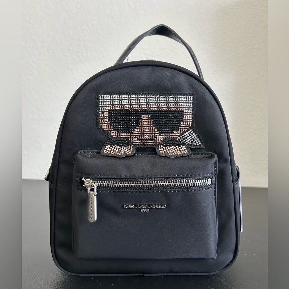 NEW KARL LAGERFELD PARIS Women’s Black Amour Nylon Backpack Karl Rhinestone Logo